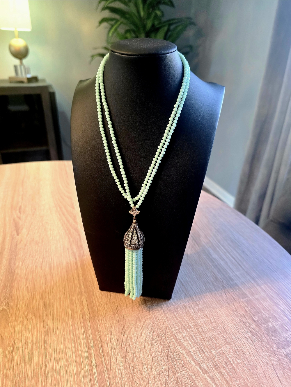 Turkish Mint Beaded & Rhinestone Long Tassel Necklace-OOAK